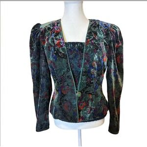 VTG 90s Peplum Jacket Velvet Emerald Green Floral Party Whimsigoth Elegant Sz 12
